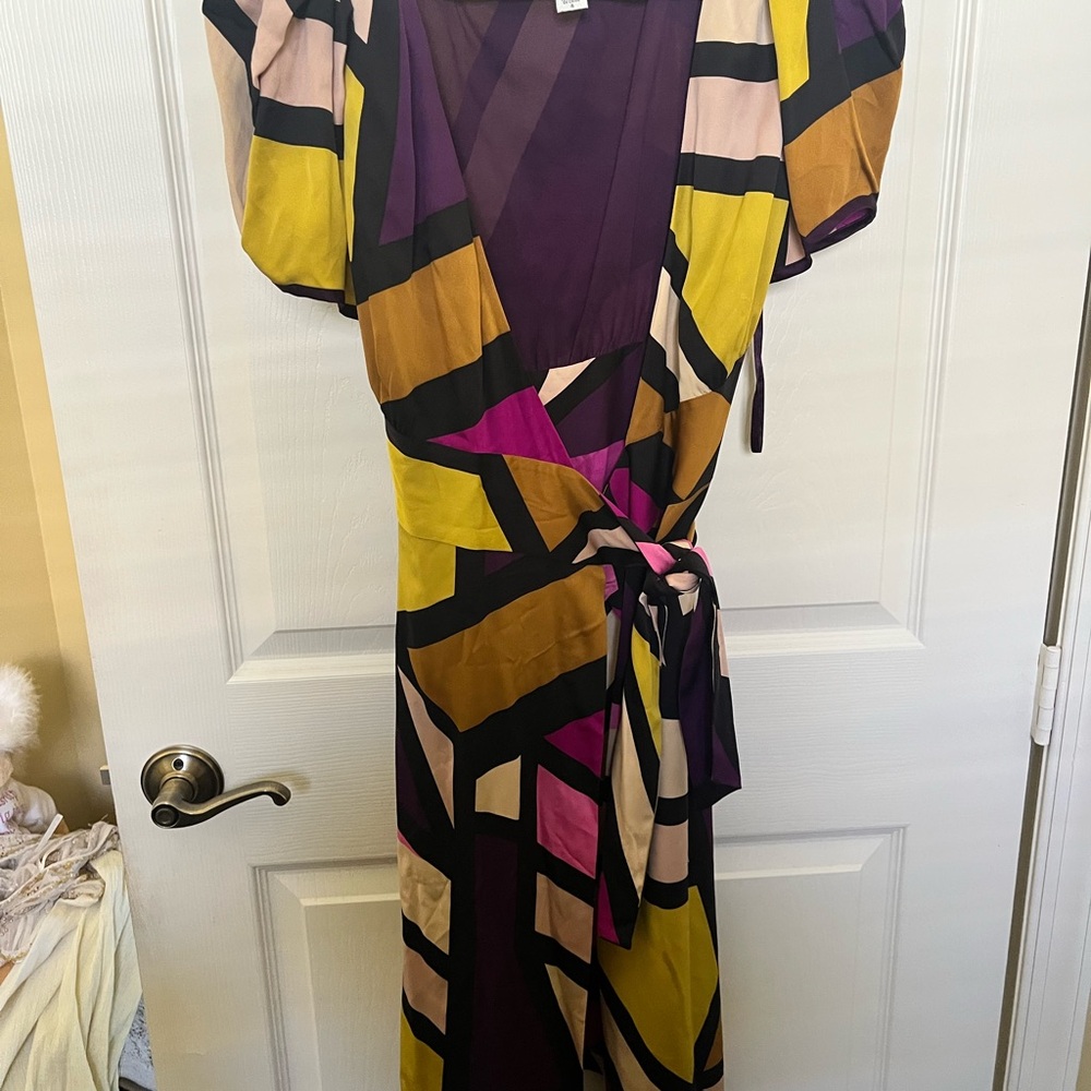 Diane Von Furstenberg Geometric Wrap Dress in Purple, Yellow, Pink and Cream